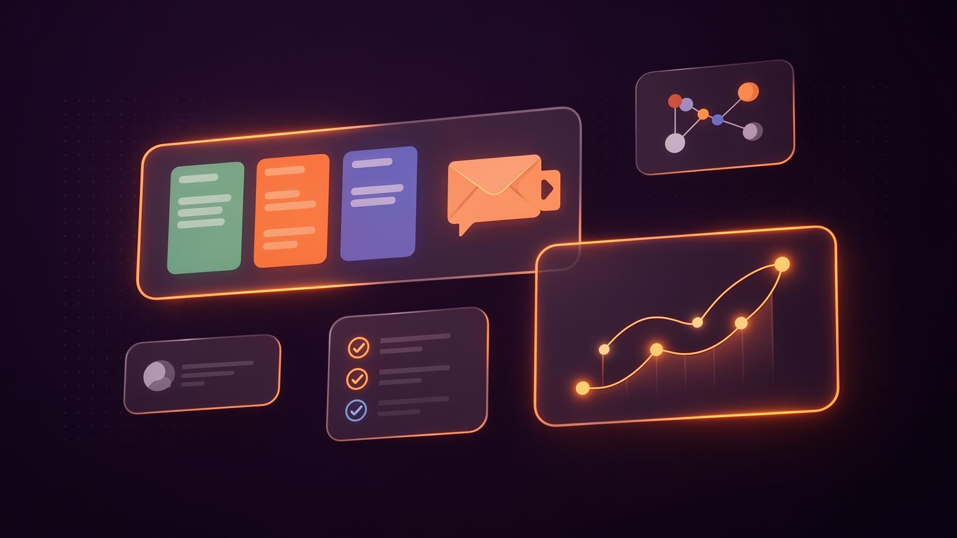 Abstrakt visualisering av ProAI sitt CRM-, automasjons- og AI-dashbord